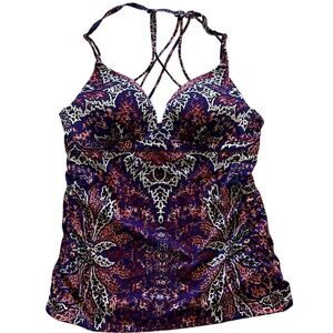 Athleta Royal Purple Floral Tankini Top, Side Ruching, Size S